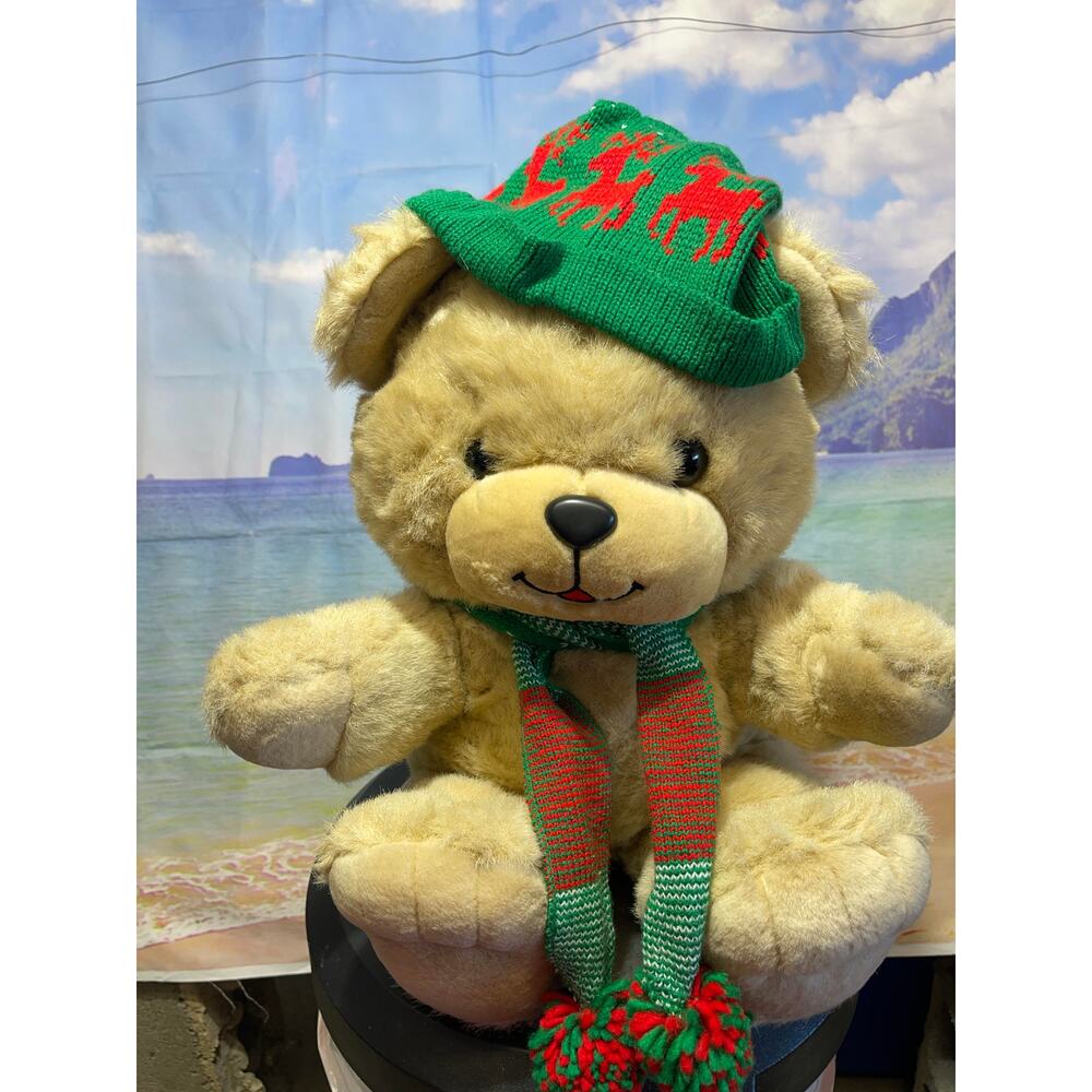 Vintage Christmas teddy bear stuffed plush animal green red hat/scarf 16"